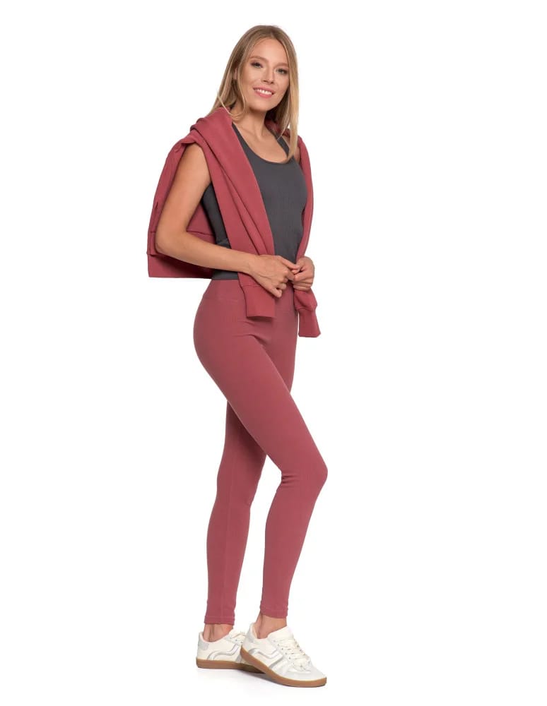 Legginsy damskie - Wygodne legginsy damskie prążkowane z wysokim stanem bezuciskowe RÓŻOWY  - produkt moraj.pl 12
