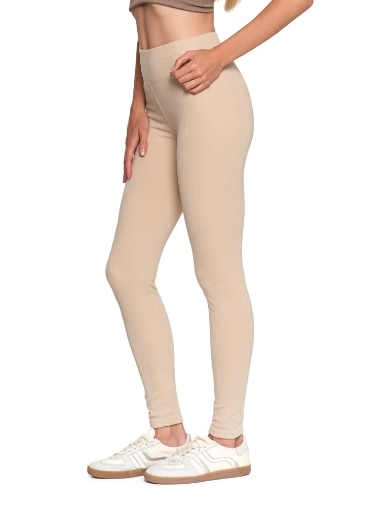Legginsy damskie - Wygodne legginsy damskie prążkowane z wysokim stanem bezuciskowe BEŻOWY  - produkt moraj.pl 2