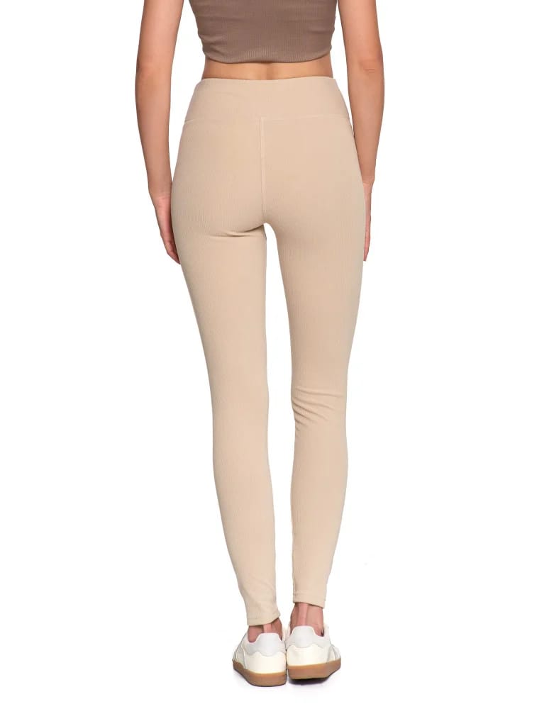 Legginsy damskie - Wygodne legginsy damskie prążkowane z wysokim stanem bezuciskowe BEŻOWY  - produkt moraj.pl 3