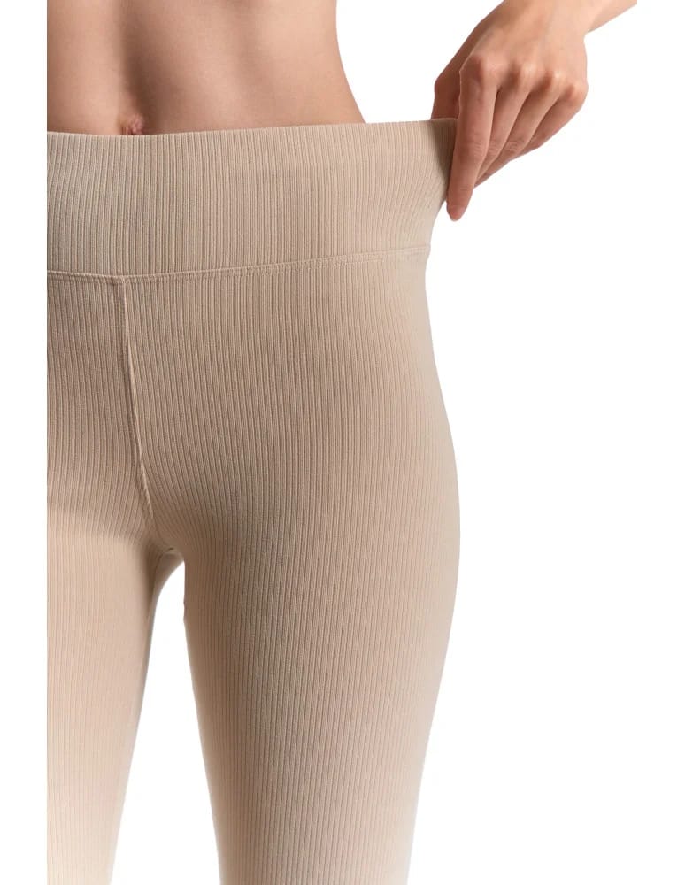 Legginsy damskie - Wygodne legginsy damskie prążkowane z wysokim stanem bezuciskowe BEŻOWY  - produkt moraj.pl 4