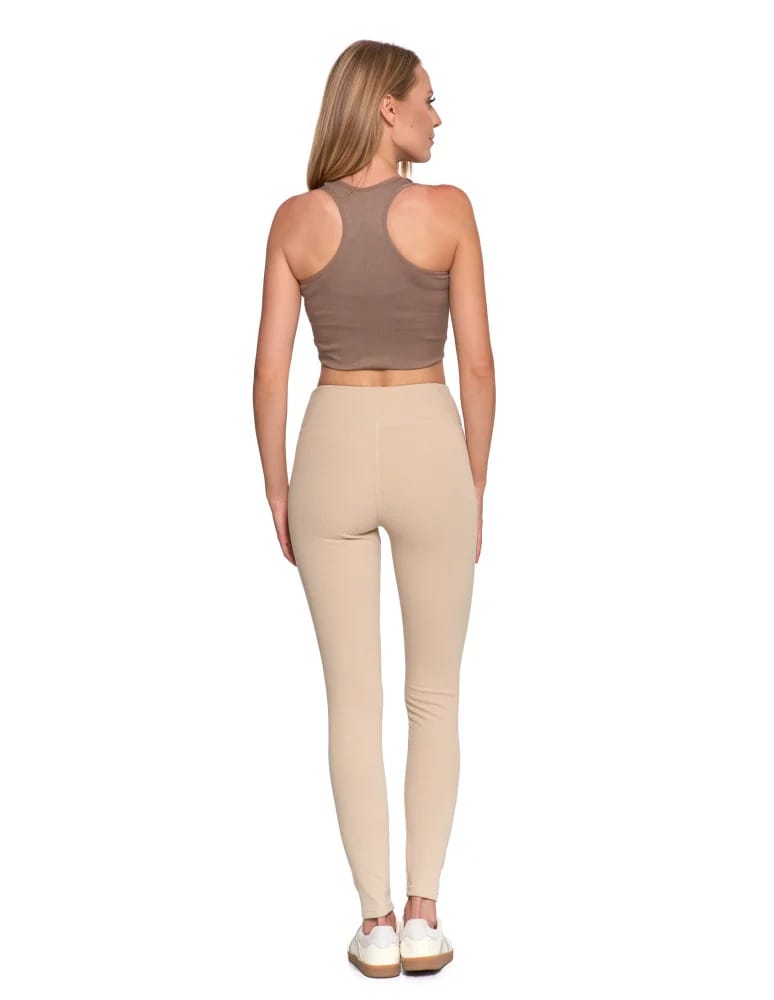 Legginsy damskie - Wygodne legginsy damskie prążkowane z wysokim stanem bezuciskowe BEŻOWY  - produkt moraj.pl 7