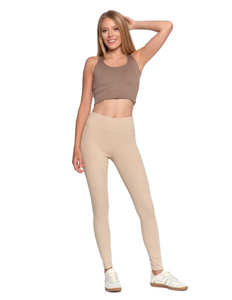 Legginsy damskie - Wygodne legginsy damskie prążkowane z wysokim stanem bezuciskowe BEŻOWY  - produkt moraj.pl 9