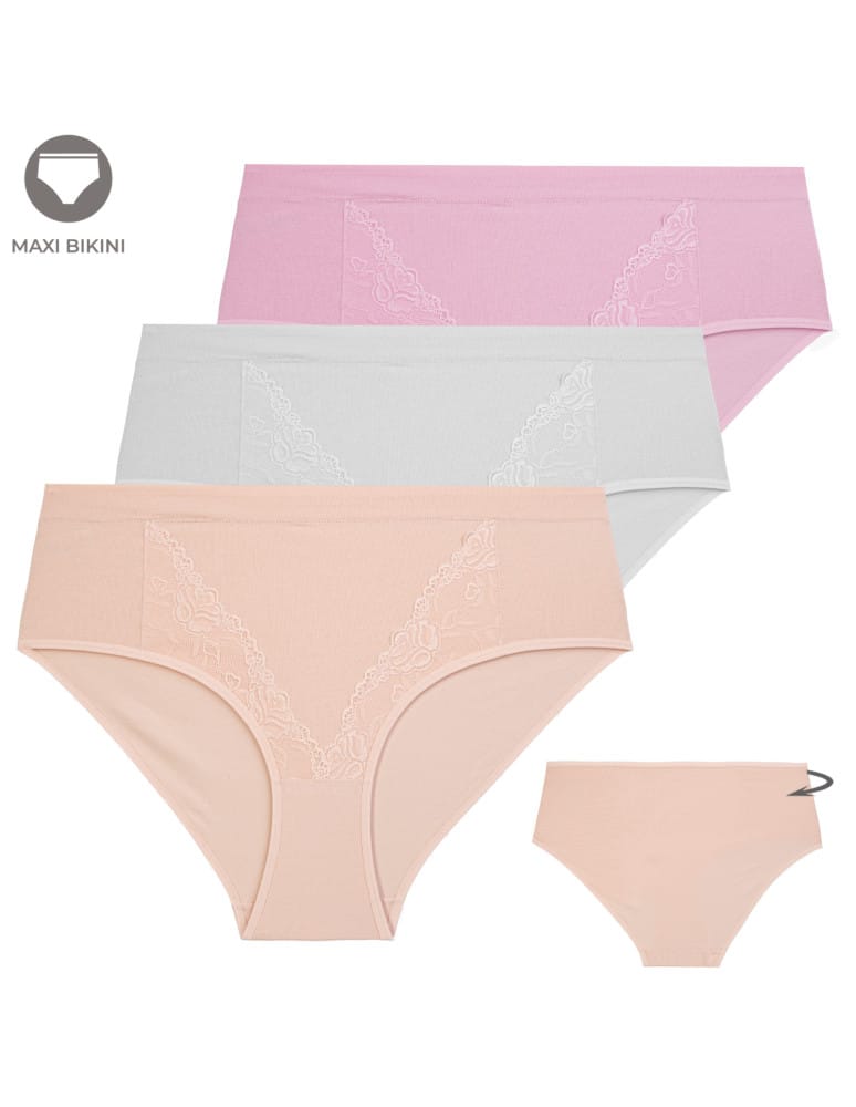 Figi damskie bawełniane majtki maxi bikini z delikatną koronką i wyższym stanem 3-pak WIELOKOLOROWY