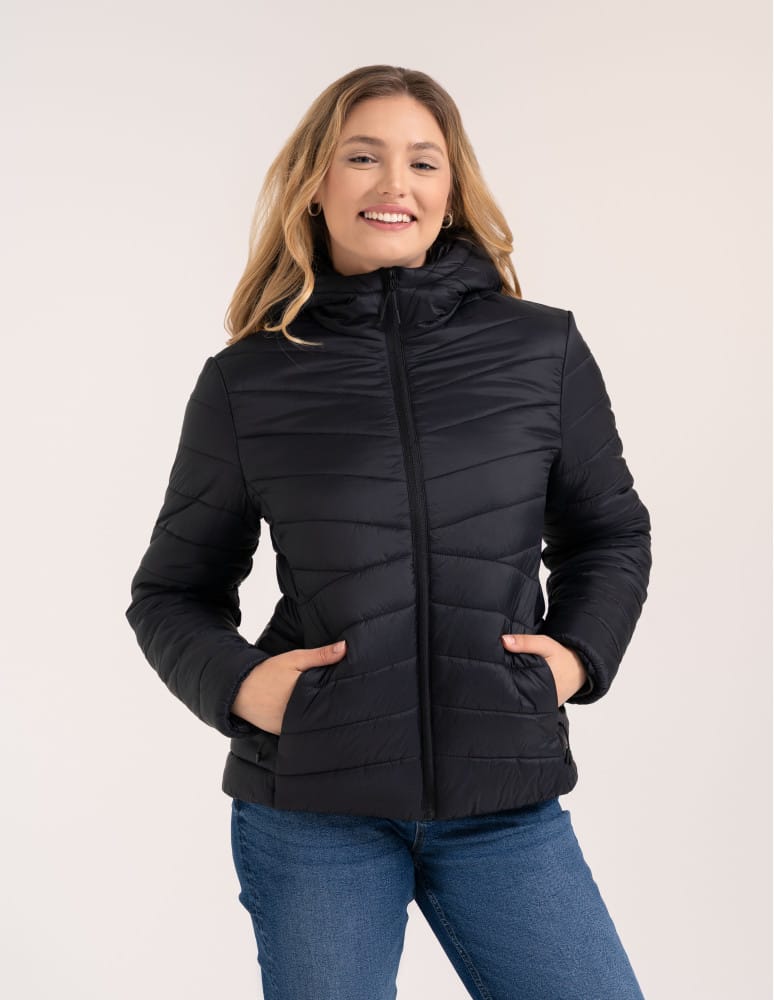 Kurtki damskie - Kurtka damska przejściowa pikowana Slim Fit z kapturem CZARNY  - produkt moraj.pl 2