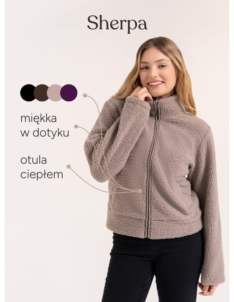 Kurtki damskie - Bluza polarowa damska sherpa baranek o kroju boxy ze stójką i kieszeniami BEŻOWY  - produkt moraj.pl 15
