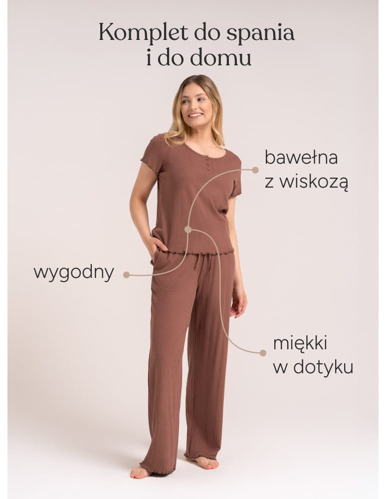 Piżamy z krótkim rękawem - Piżama damska bawełniana z wiskozą prążkowana komplet dwuczęściowy MOKKA  - produkt moraj.pl 3
