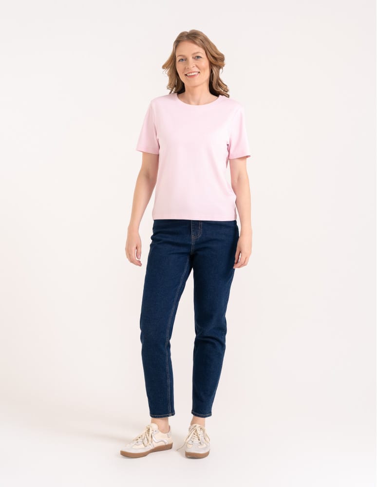 T-shirt Basic - Damska koszulka z bawełny merceryzowanej 100% t-shirt z krótkim rękawem RÓŻOWY  - produkt moraj.pl 3