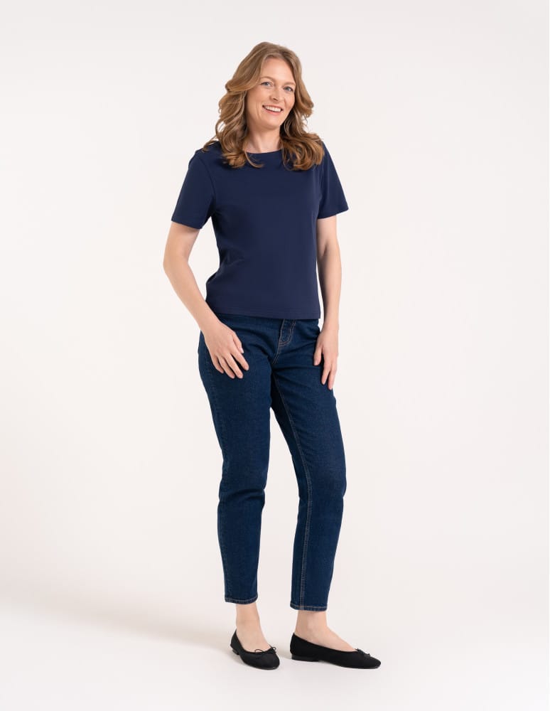 T-shirt Basic - Damska koszulka z bawełny merceryzowanej 100% t-shirt z krótkim rękawem GRANATOWY  - produkt moraj.pl 5