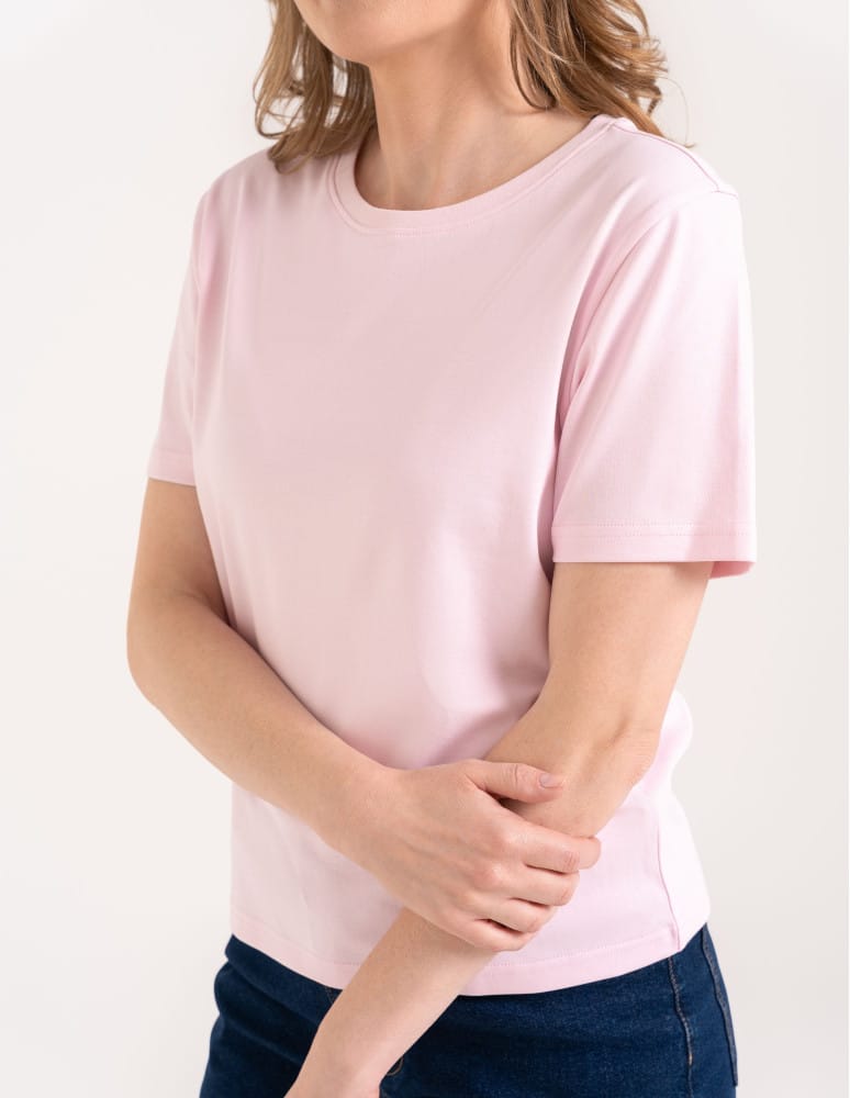 T-shirt Basic - Damska koszulka z bawełny merceryzowanej 100% t-shirt z krótkim rękawem RÓŻOWY  - produkt moraj.pl 2