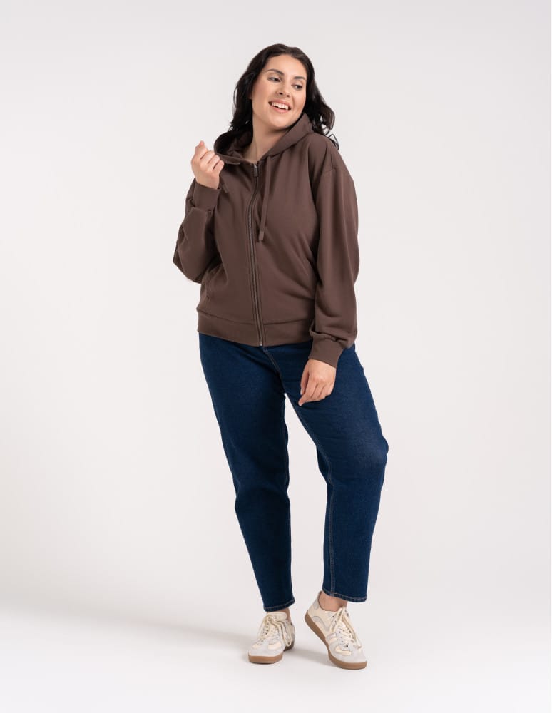 Bluzy dresowe - Bluza damska bawełniana z kapturem rozpinana wygodna o kroju boxy BRĄZOWY  - produkt moraj.pl 10