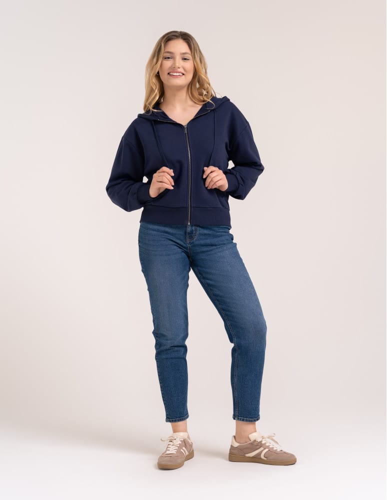 Bluzy dresowe - Bluza damska bawełniana z kapturem rozpinana wygodna o kroju boxy GRANATOWY - produkt moraj.pl 3