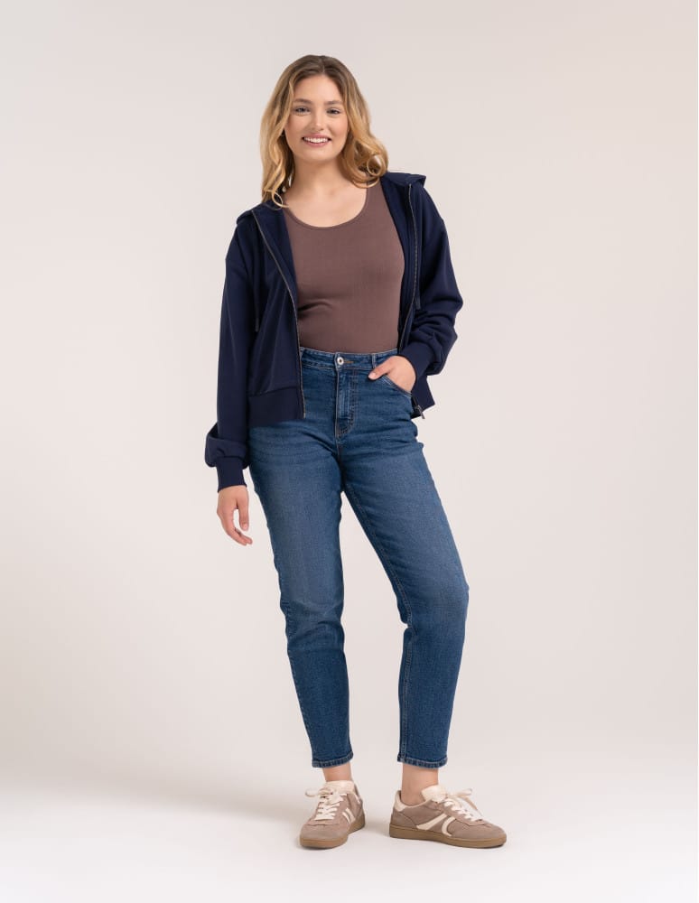 Bluzy dresowe - Bluza damska bawełniana z kapturem rozpinana wygodna o kroju boxy GRANATOWY - produkt moraj.pl 6