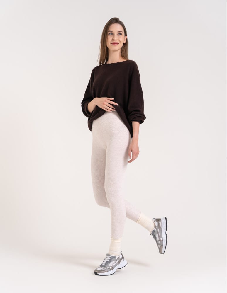 Legginsy ocieplane - Damskie legginsy modelujące z wysokim stanem i wiskozą w prążek KREMOWY  - produkt moraj.pl 4