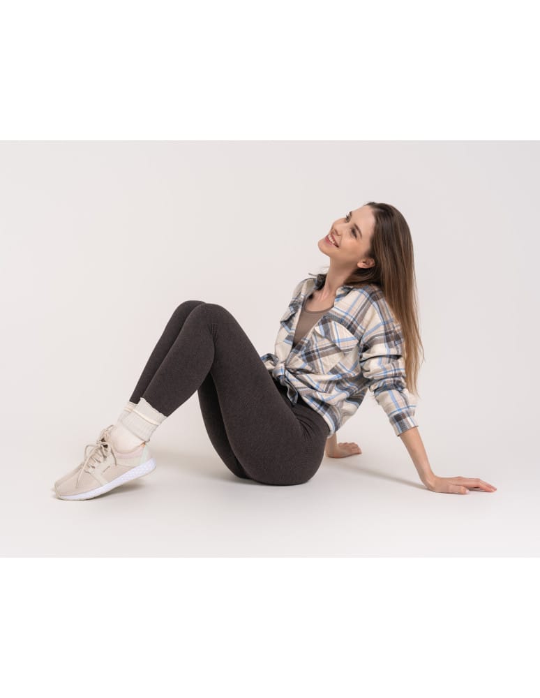 Legginsy ocieplane - Damskie legginsy modelujące z wysokim stanem i wiskozą w prążek BRĄZOWY  - produkt moraj.pl 5