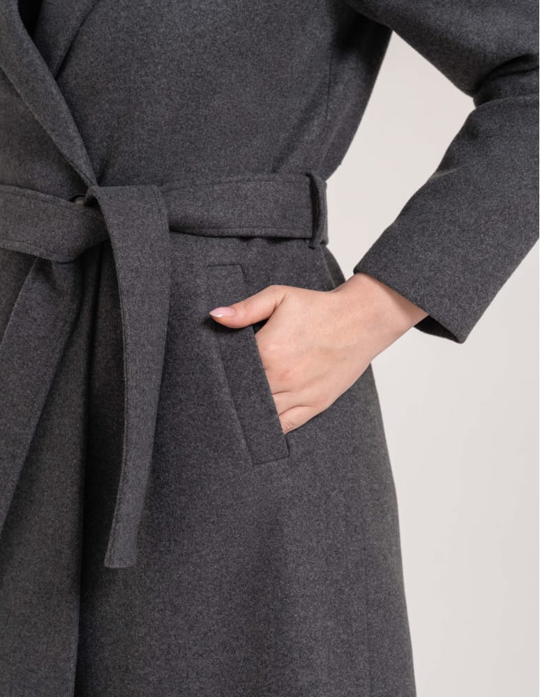 Kurtki zimowe - Płaszcz damski elegancki z rozcięciem z tyłu taliowany casual SZARY  - produkt moraj.pl 2