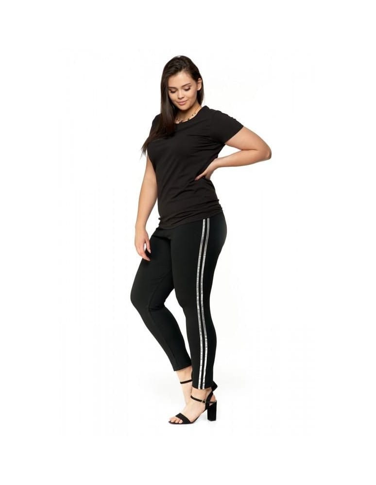 Legginsy damskie - Legginsy damskie z błyszczącymi lampasami plus size CZARNY - produkt moraj.pl 1