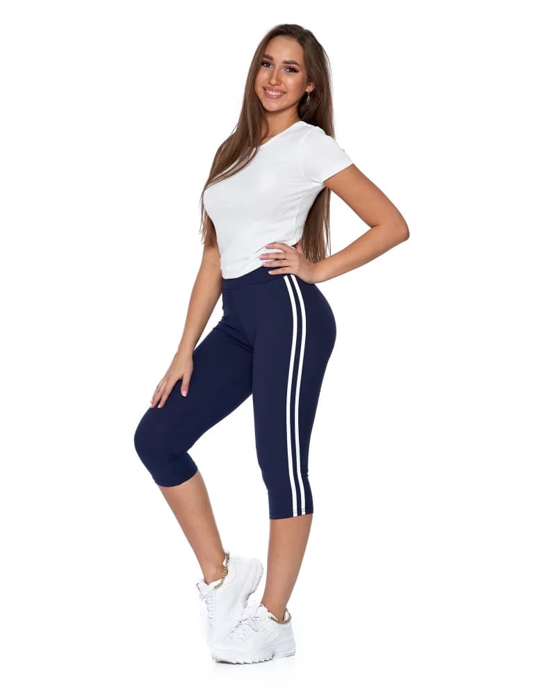 Legginsy damskie - Legginsy damskie 3/4 peach touch z lampasami Plus Size CZARNY  - produkt moraj.pl 2