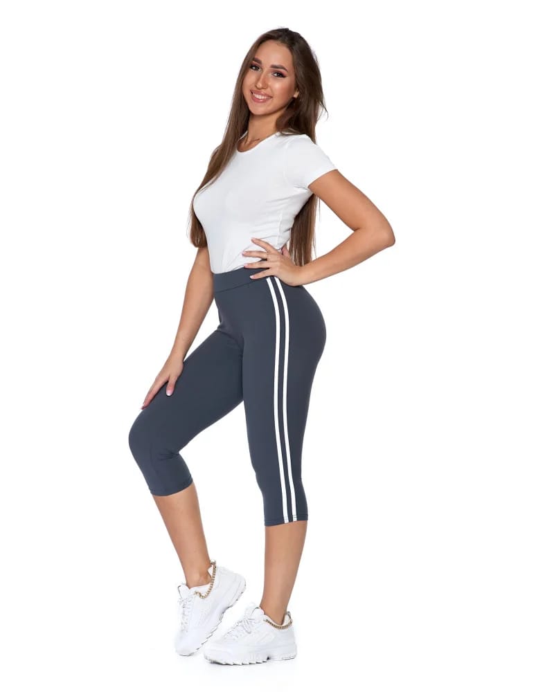 Legginsy damskie - Legginsy damskie 3/4 peach touch z lampasami Plus Size CZARNY  - produkt moraj.pl 3
