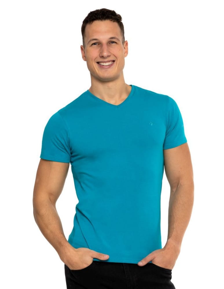 Koszulka męska bawełna Premium T-shirt dekolt w serek TURKUSOWY