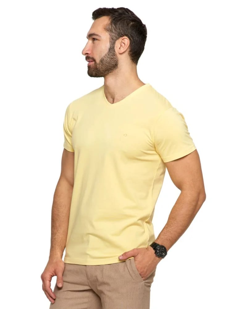 Koszulki i Tank Topy - Koszulka męska bawełna Premium T-shirt dekolt w serek ŻÓŁTY - produkt moraj.pl 4
