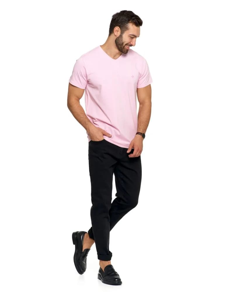 Koszulki i Tank Topy - Koszulka męska bawełna Premium T-shirt dekolt w serek RÓŻOWY  - produkt moraj.pl 6