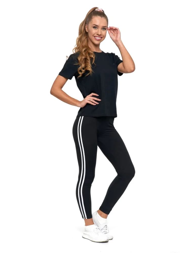 Legginsy damskie - Legginsy damskie z lampasami typu peach touch CZARNY  - produkt moraj.pl 2