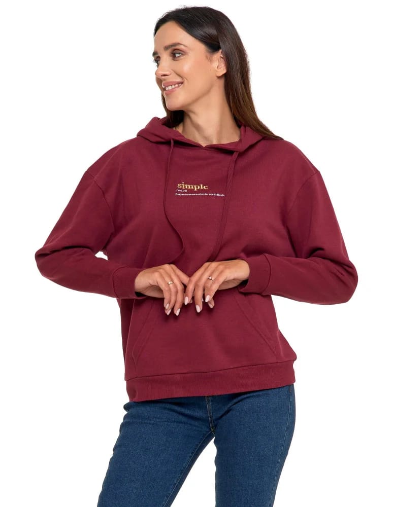 Bluzy damskie - Bluza damska z kapturem i haftowanym napisem BORDOWY - produkt moraj.pl 4
