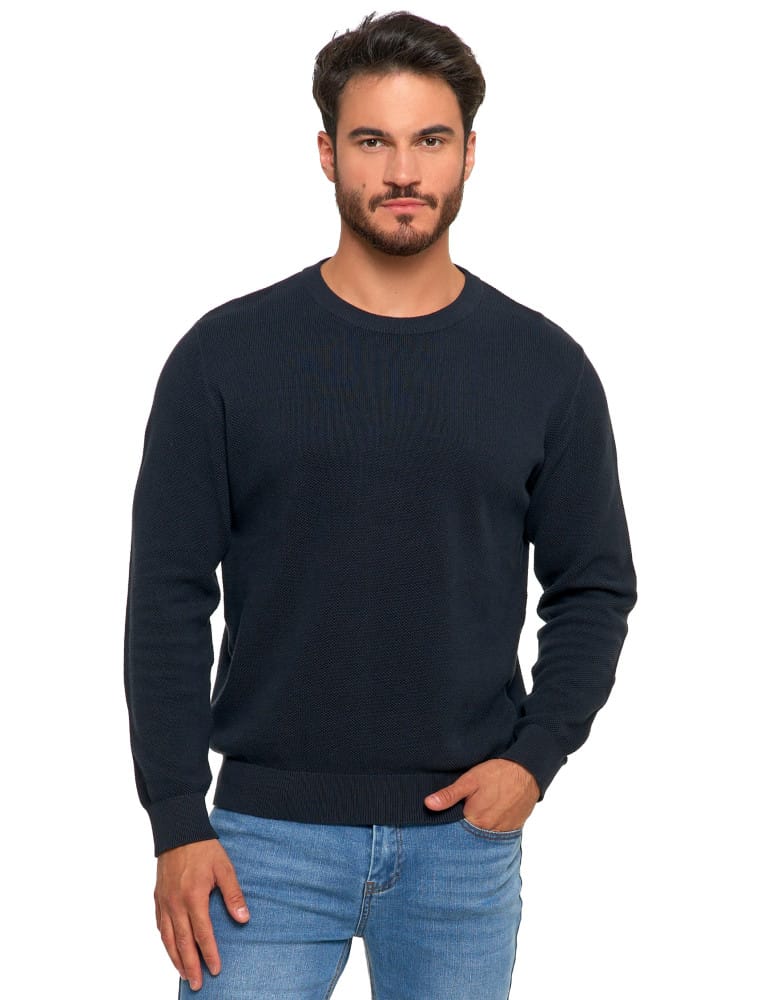 Swetry męskie - Bawełniany sweter męski elegancki z okrągłym dekoltem GRANATOWY  - produkt moraj.pl 3
