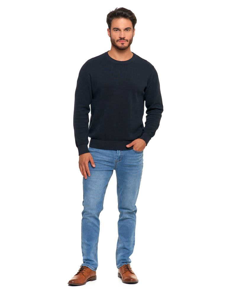 Swetry męskie - Bawełniany sweter męski elegancki z okrągłym dekoltem GRANATOWY  - produkt moraj.pl 4