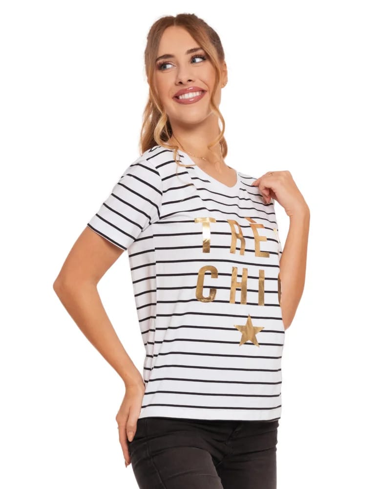 Koszulki i T-shirty - T-shirt damski koszulka w paski ze złotym nadrukiem BIAŁY - produkt moraj.pl 6