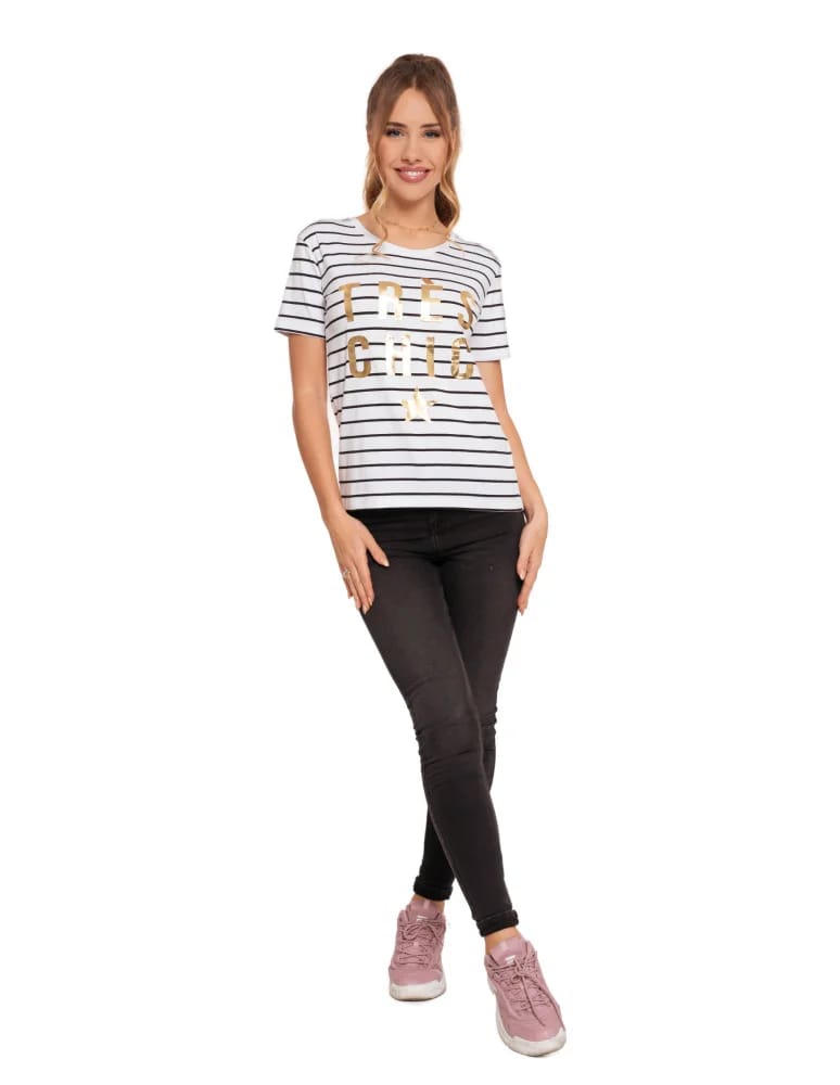 Koszulki i T-shirty - T-shirt damski koszulka w paski ze złotym nadrukiem BIAŁY - produkt moraj.pl 8