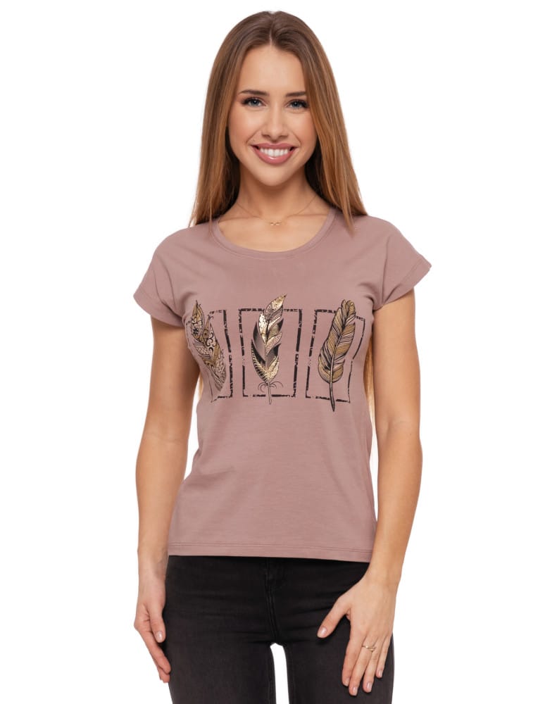 Koszulka damska T-shirt bawełniany ze złotym nadrukiem BEŻOWY