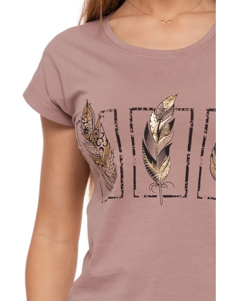 Koszulki i T-shirty - Koszulka damska T-shirt bawełniany ze złotym nadrukiem BEŻOWY - produkt moraj.pl 4