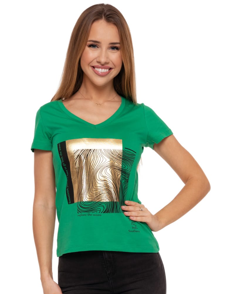 Koszulki i T-shirty - T-shirt damski z dekoltem w serek i złotym nadrukiem ZIELONY - produkt moraj.pl 1