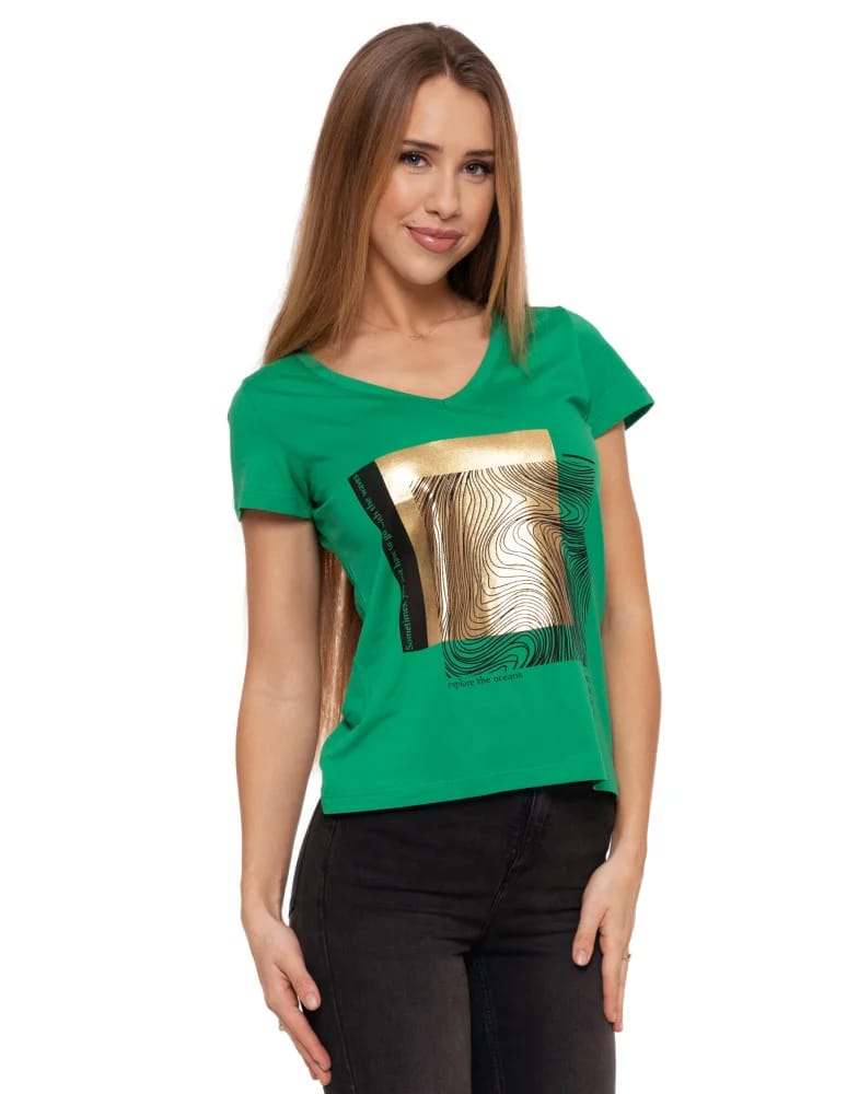 Koszulki i T-shirty - T-shirt damski z dekoltem w serek i złotym nadrukiem ZIELONY  - produkt moraj.pl 2