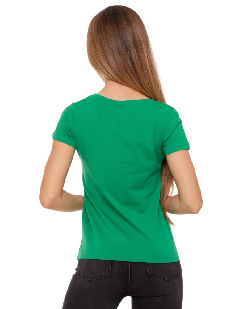 Koszulki i T-shirty - T-shirt damski z dekoltem w serek i złotym nadrukiem ZIELONY  - produkt moraj.pl 3