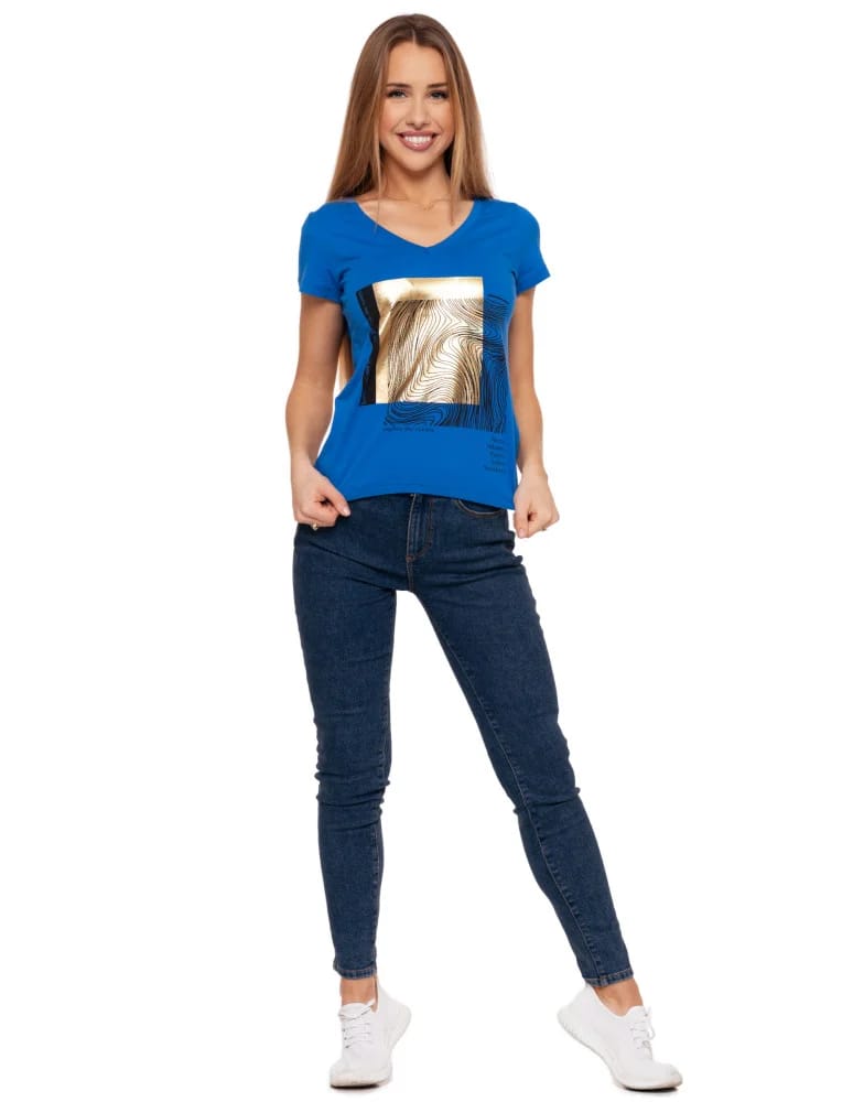 Koszulki i T-shirty - T-shirt damski z dekoltem w serek i złotym nadrukiem NIEBIESKI - produkt moraj.pl 6