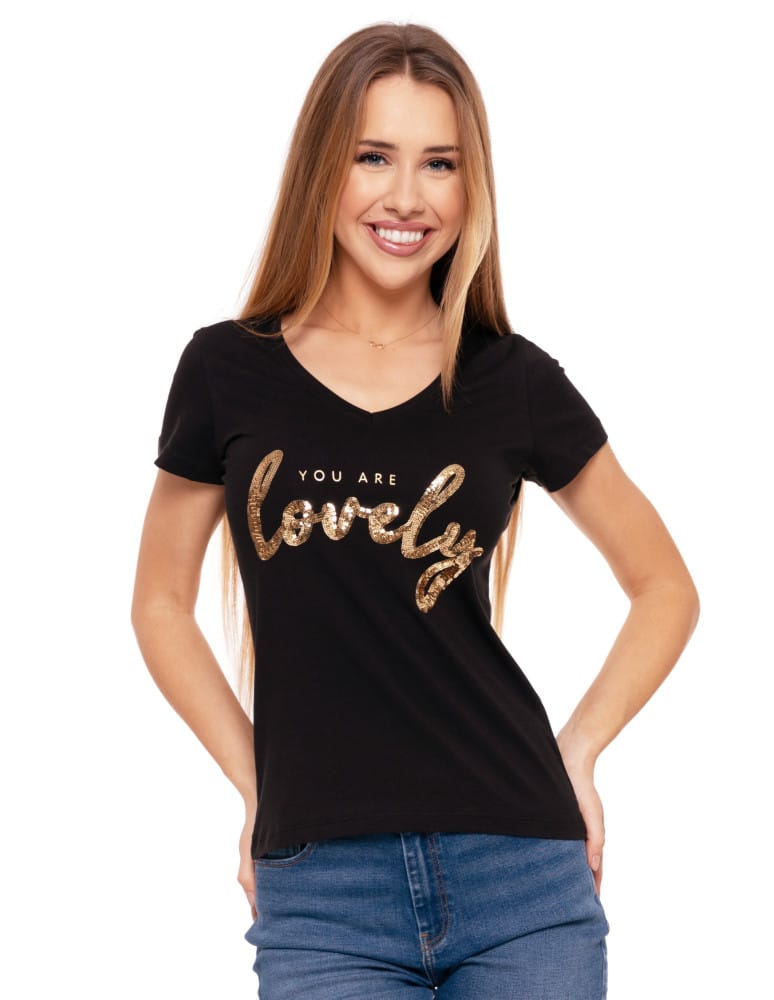 Koszulki i T-shirty - T-shirt damski z dekoltem w serek i cekinami CZARNY - produkt moraj.pl 1