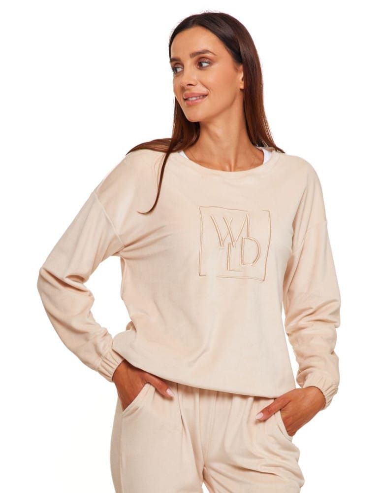 Bluzy damskie - Bluza damska welurowa bez kaptura BEŻOWY - produkt moraj.pl 1