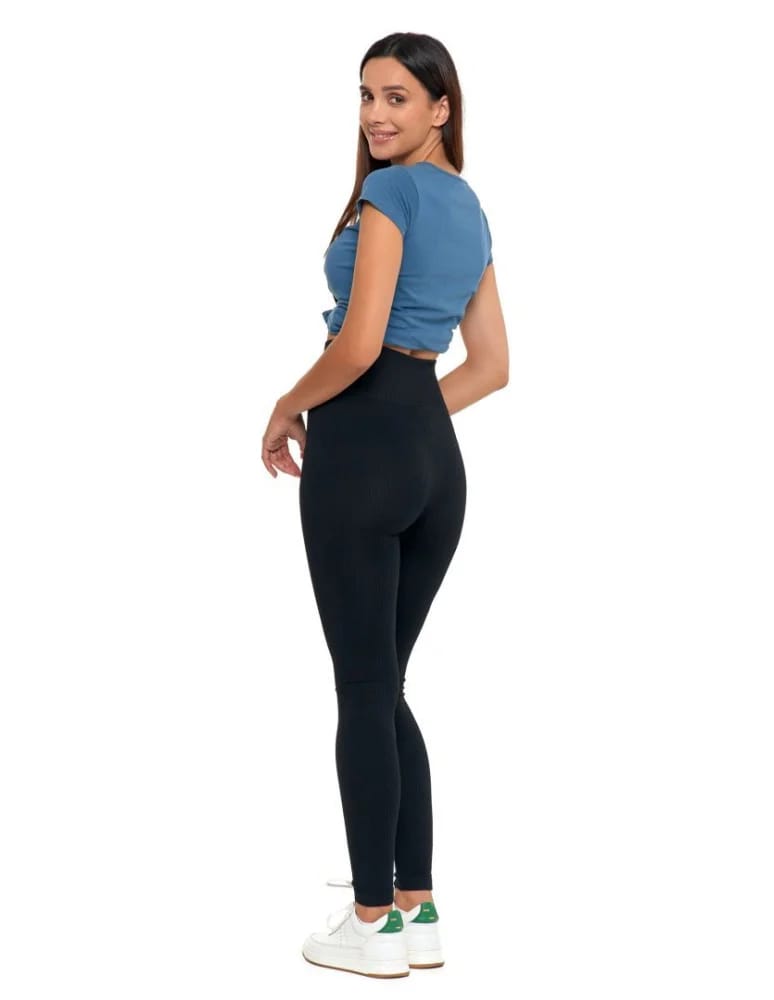 Legginsy damskie - Legginsy damskie z wysokim stanem prążkowane sportowe CZARNY  - produkt moraj.pl 3