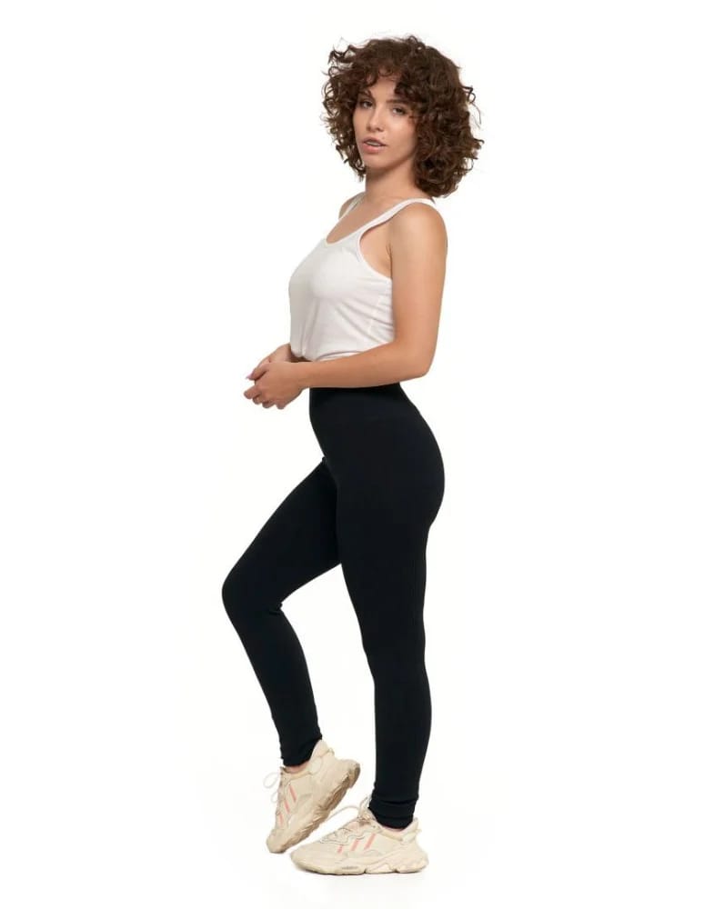 Legginsy damskie - Legginsy damskie z wysokim stanem prążkowane sportowe CZARNY  - produkt moraj.pl 4