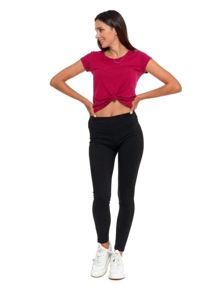 Legginsy damskie - Prążkowane legginsy damskie z wysokim stanem CZARNY  - produkt moraj.pl 1