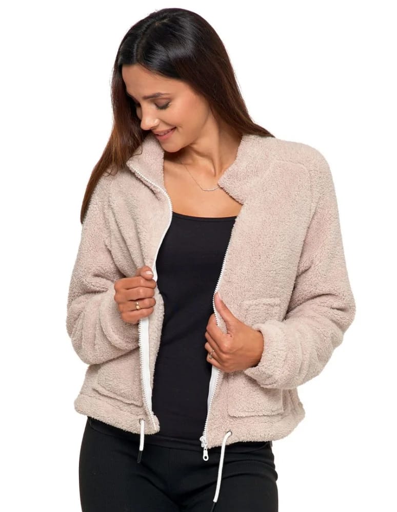 Bluzy damskie - Pluszowa bluza damska sherpa z zamkiem błyskawicznym BEŻOWY  - produkt moraj.pl 2
