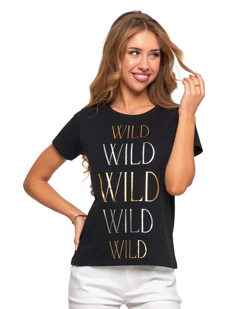 Koszulki i T-shirty - Koszulka damska T-shirt z błyszczącymi napisami CZARNY - produkt moraj.pl 1