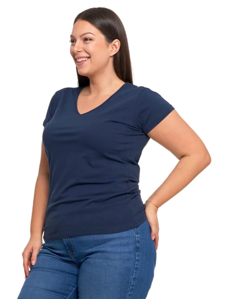 Koszulki i T-shirty - T-shirt damski bawełniany z dekoltem V Plus Size GRANATOWY - produkt moraj.pl 3