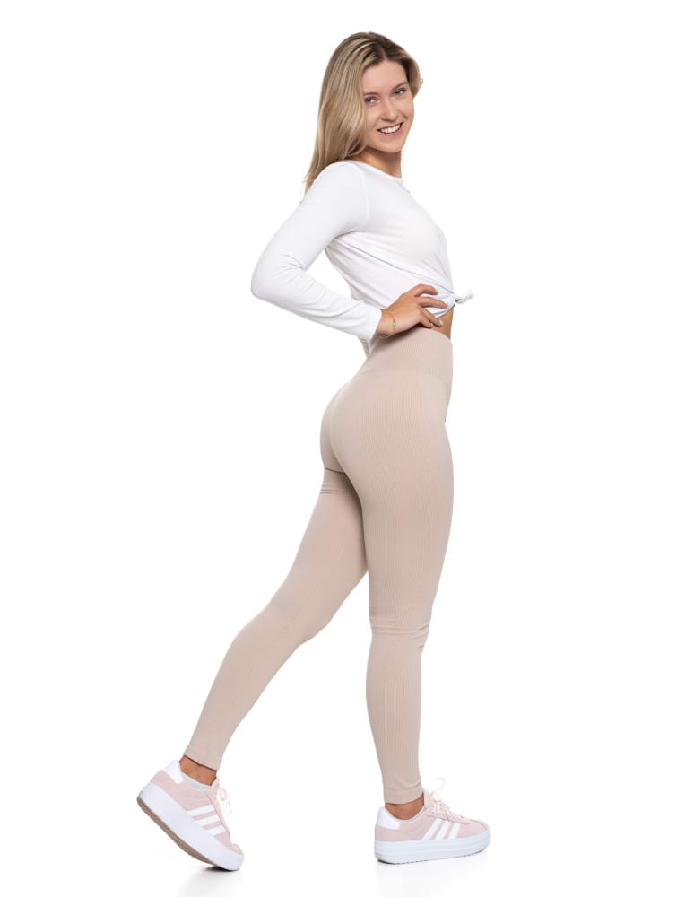 Legginsy damskie - Legginsy damskie z wysokim stanem prążkowane sportowe BEŻOWY - produkt moraj.pl 3