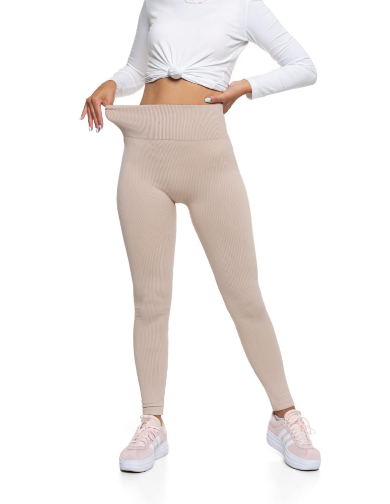 Legginsy damskie - Legginsy damskie z wysokim stanem prążkowane sportowe BEŻOWY - produkt moraj.pl 5