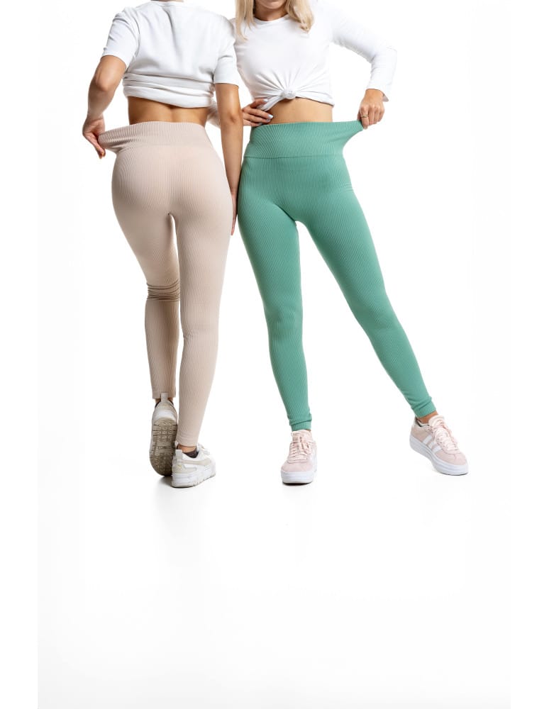 Legginsy damskie - Legginsy damskie z wysokim stanem prążkowane sportowe BEŻOWY - produkt moraj.pl 6