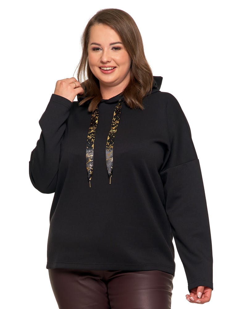 Bluzy damskie - Luźna damska bluza z kapturem ze złotym zdobieniem CZARNY - produkt moraj.pl 1