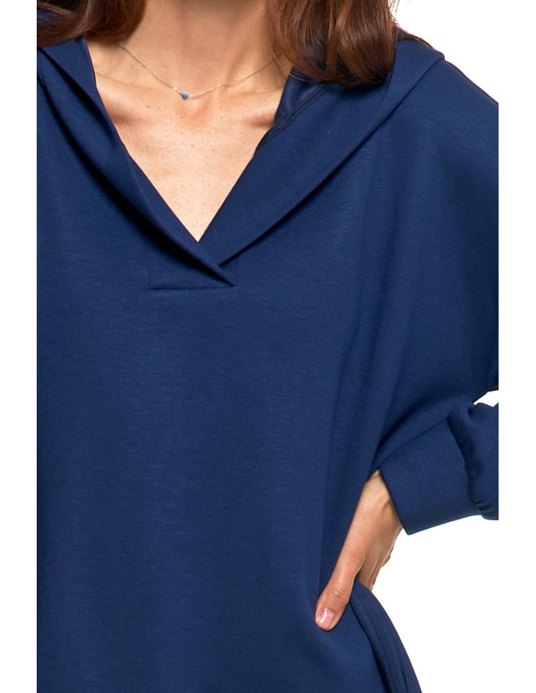 Bluzy damskie - Damska bluza oversize z kapturem i dekoltem w serek GRANATOWY - produkt moraj.pl 3